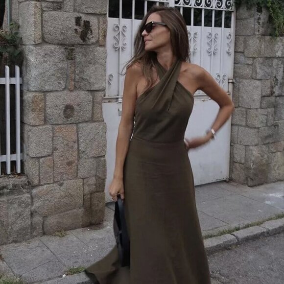 ZARA LINEN BLEND MIDI HALTER DRESS XS - Picture 3 of 4